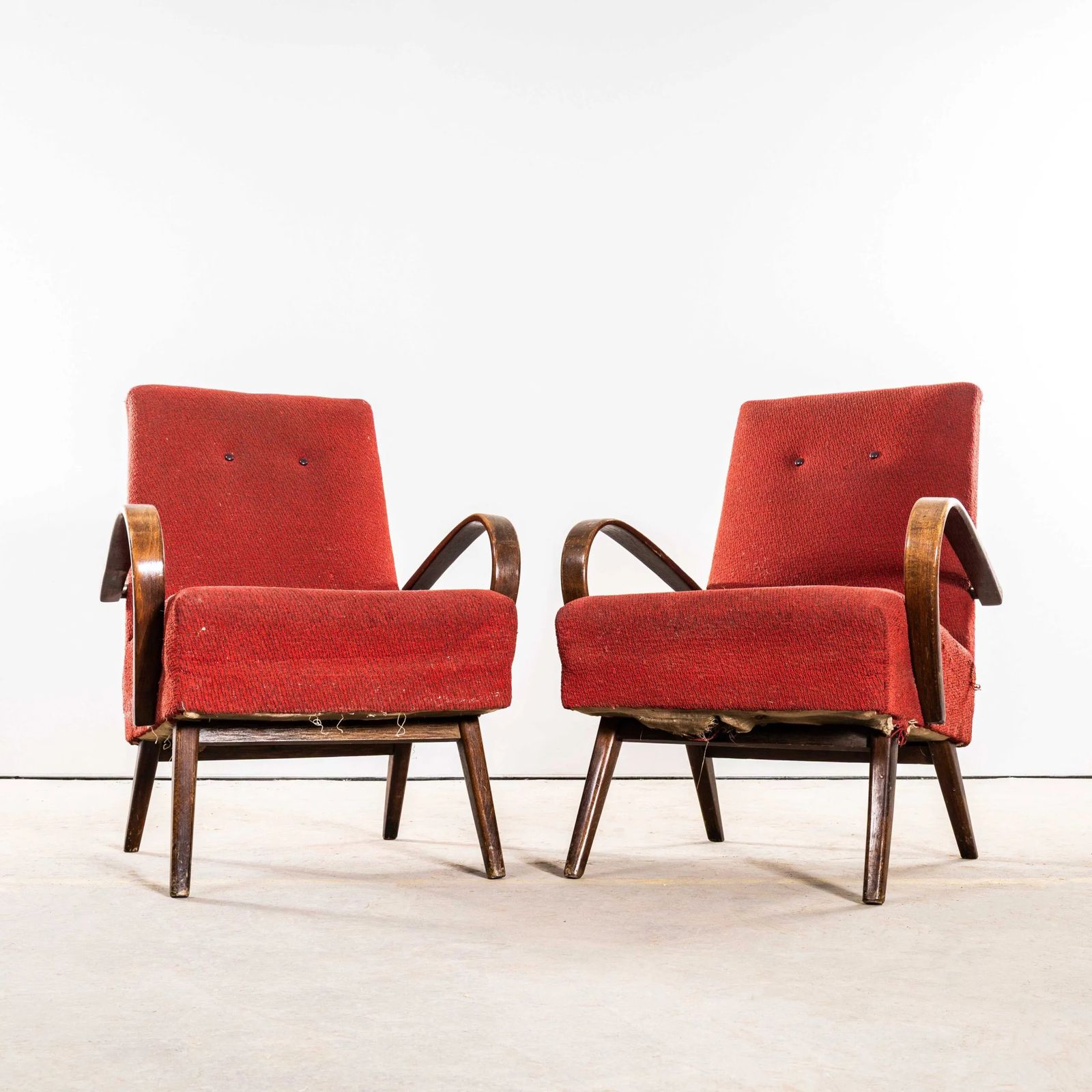 1950’s Jaroslav šmídek Original Armchairs In A Tomato Boucle Geometric Check Fabric With Sprung Seat photo for sale