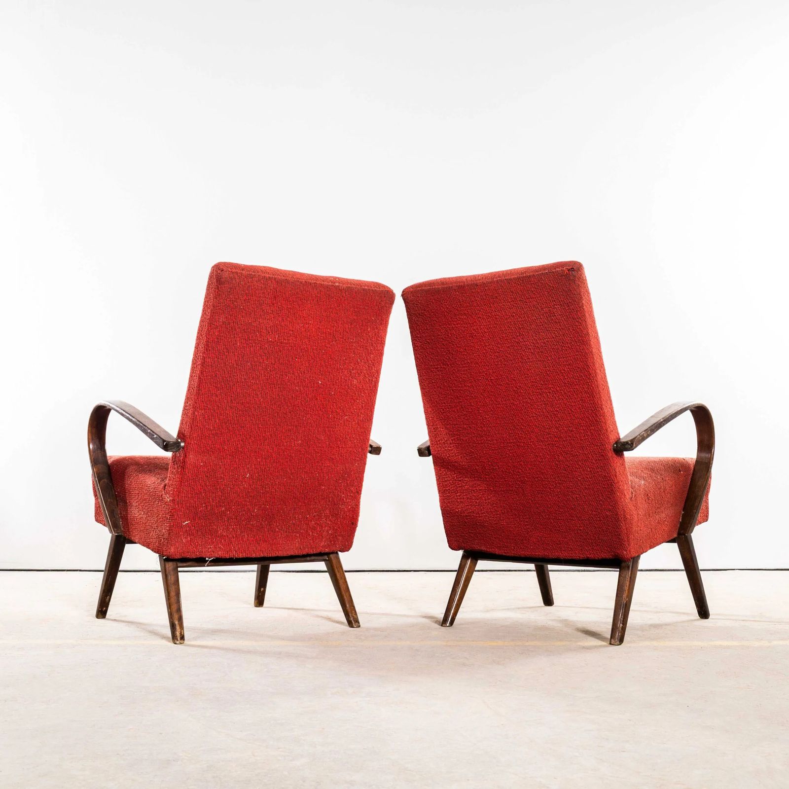 1950’s Jaroslav šmídek Original Armchairs In A Tomato Boucle Geometric Check Fabric With Sprung Seat photo vinterior