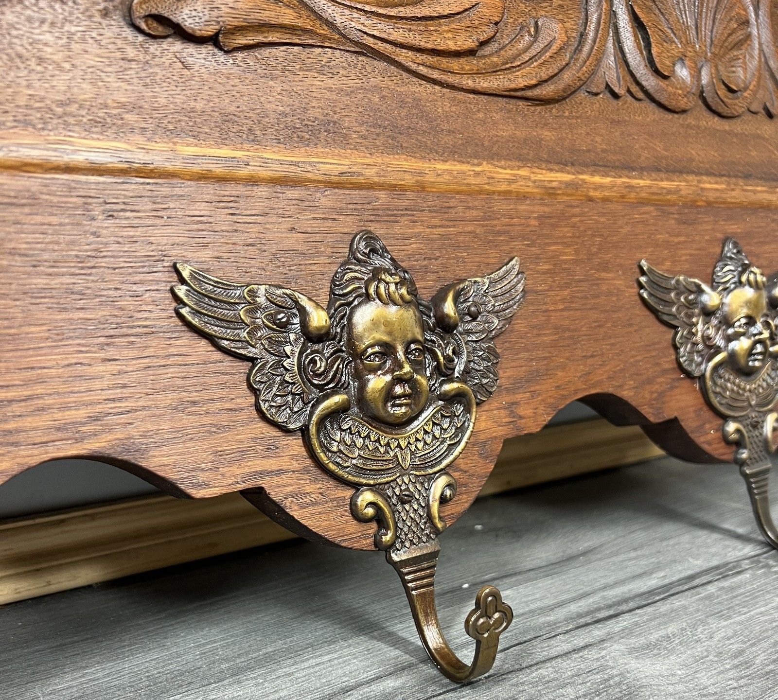 French Vintage Coat Rack Oak 5 Angel Brass Hooks Wall Shelf Carved Coat Lot 4223 photo buy