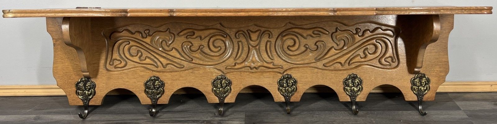 French Vintage Coat Rack Oak 6 Brass Hooks Wall Shelf Carved Coat Lot 4222 photo furniture