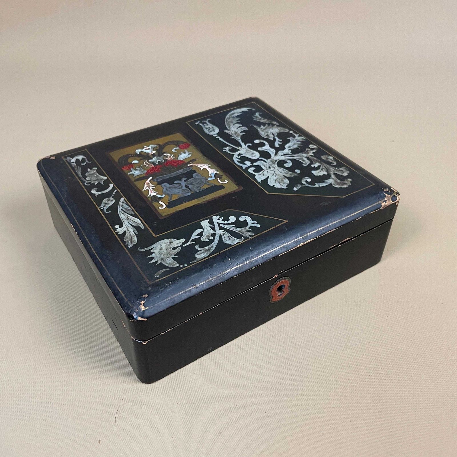 Antique Victorian Papier Mâché Box Mother Of Pearl Inlay Floral Design Hand Painted Lacquer Box 19th Century English Decorative Collectible
