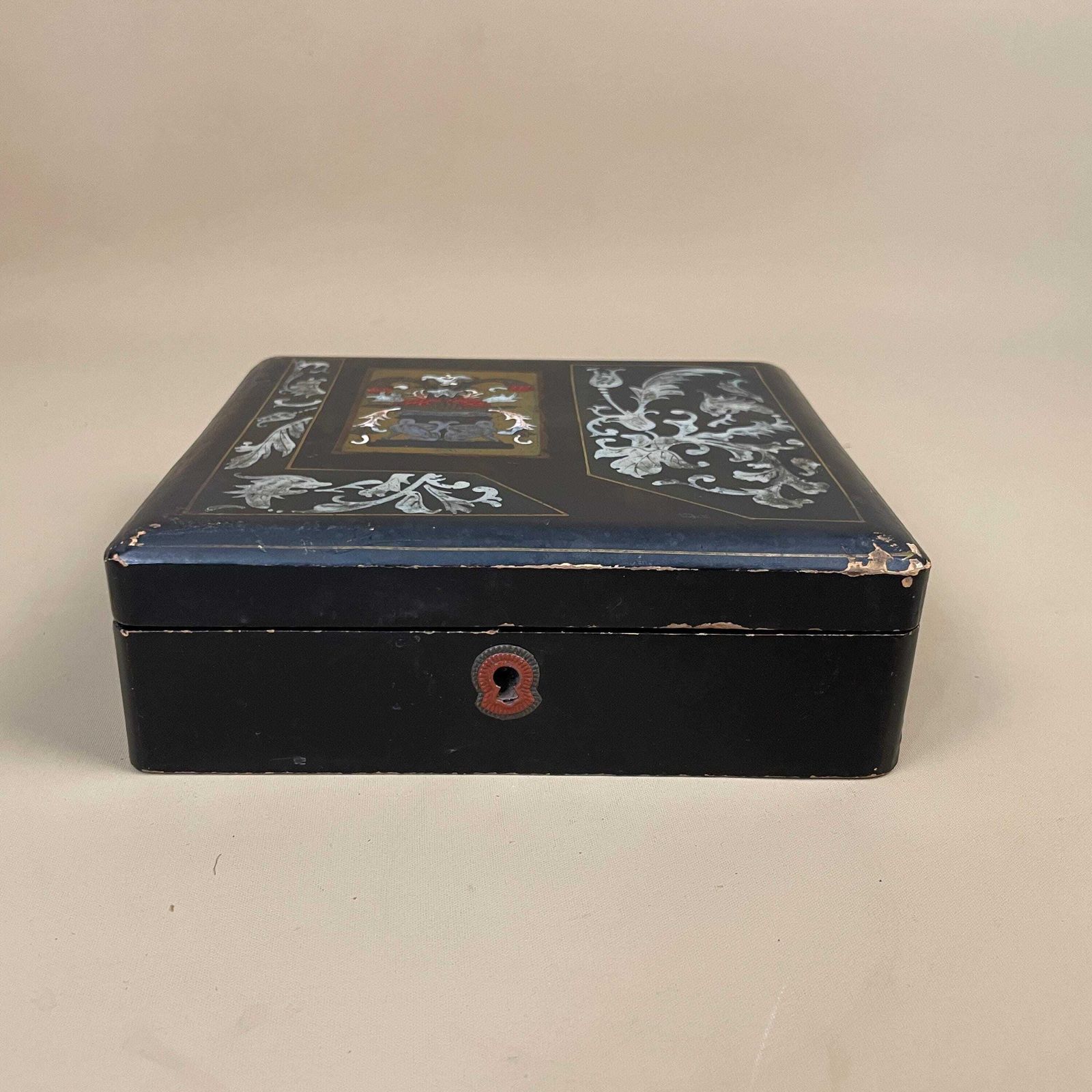 Antique Victorian Papier Mâché Box Mother Of Pearl Inlay Floral Design Hand Painted Lacquer Box 19th Century English Decorative Collectible photo 55.0