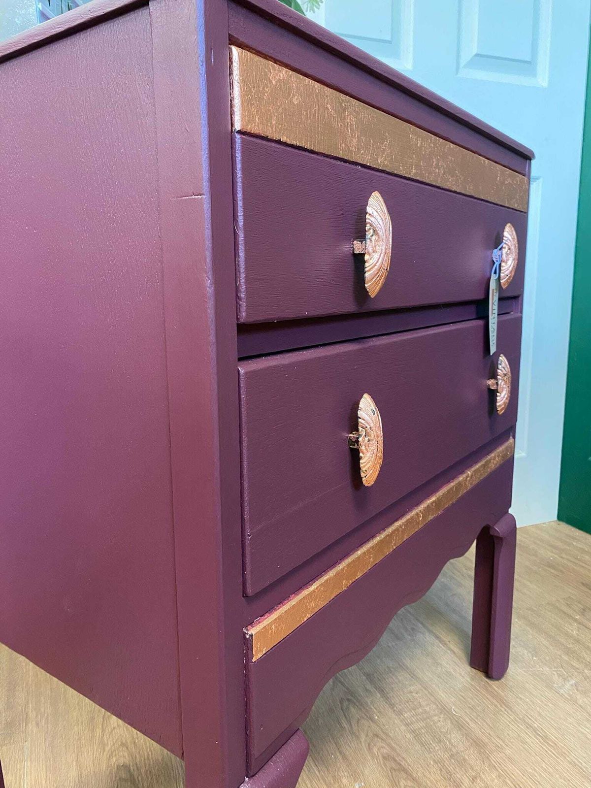 Refurbished 1940s Chest Of Drawers In Aubergine With Copper Highlights photo Furniture