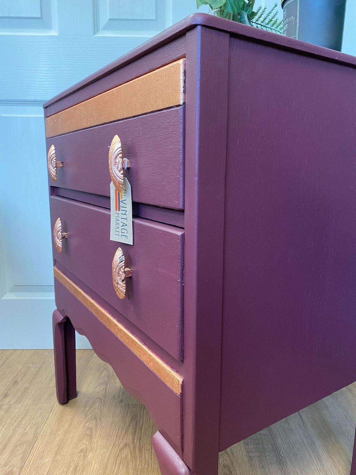 Refurbished 1940s Chest Of Drawers In Aubergine With Copper Highlights photo vintage
