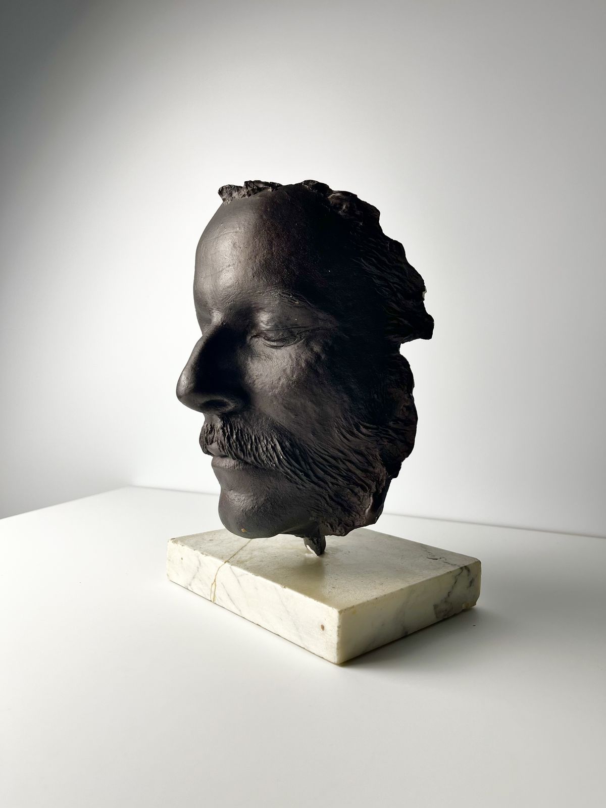 Enigmatic Death Mask Sculpture On Marble Base, Age And Origin Unknown