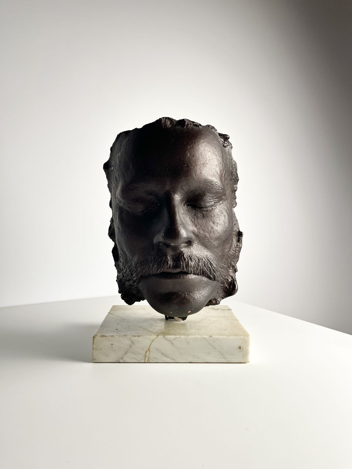 Enigmatic Death Mask Sculpture On Marble Base, Age And Origin Unknown photo for sale