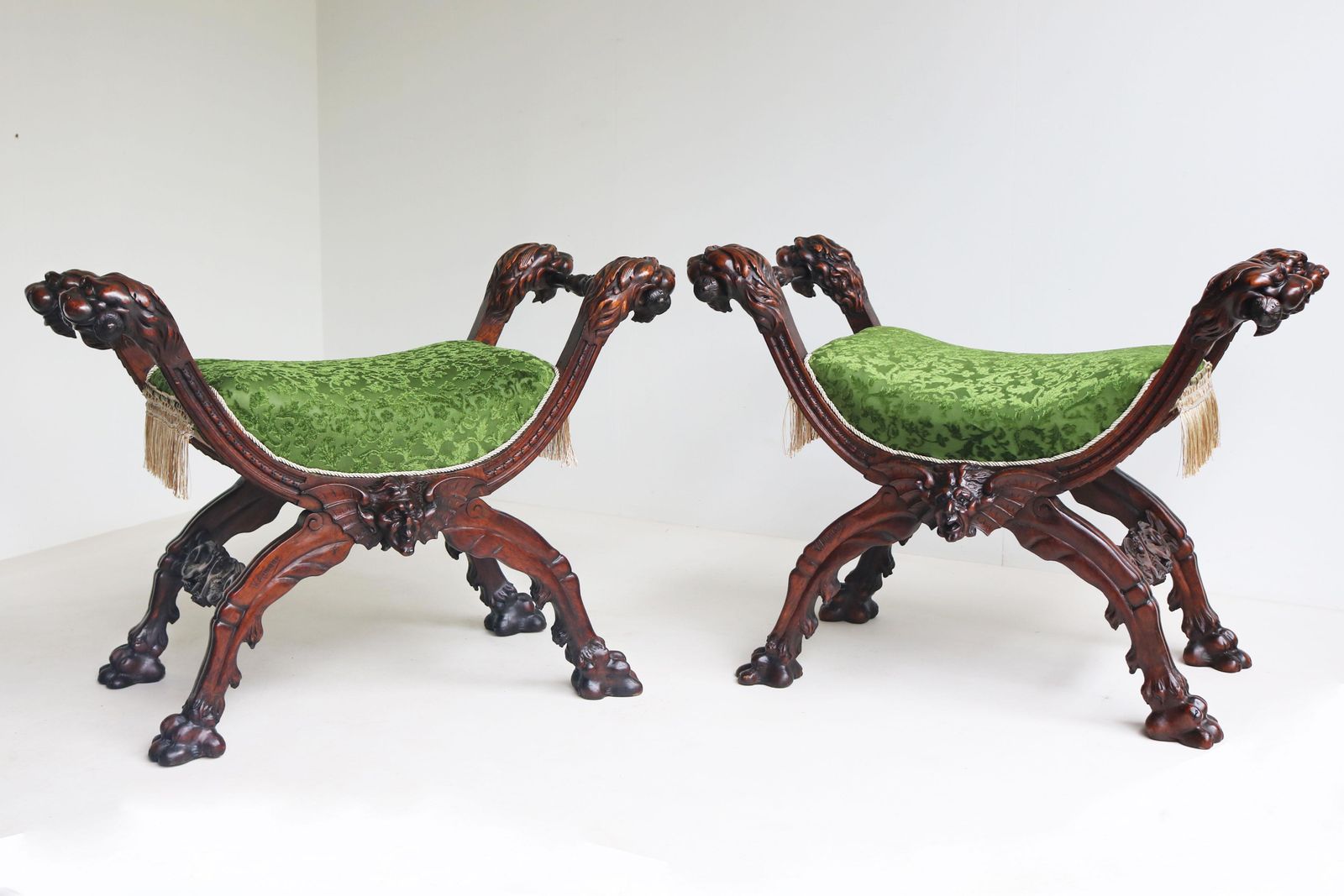 Rare Pair Of Gothic Revival Stools By Victor Aimone 19th Century Lion Heads Oak photo Furniture