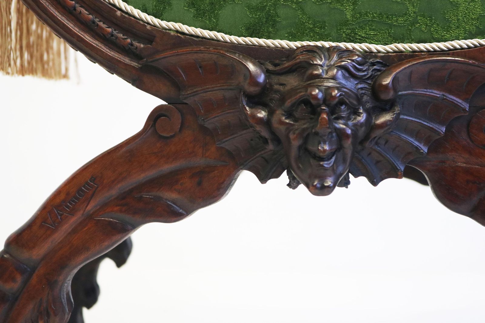 Furniture Rare Pair Of Gothic Revival Stools By Victor Aimone 19th Century Lion Heads Oak photo