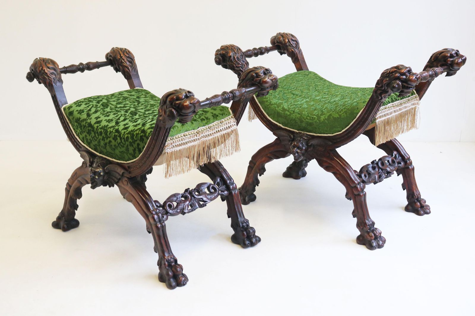 7598.0 Rare Pair Of Gothic Revival Stools By Victor Aimone 19th Century Lion Heads Oak photo