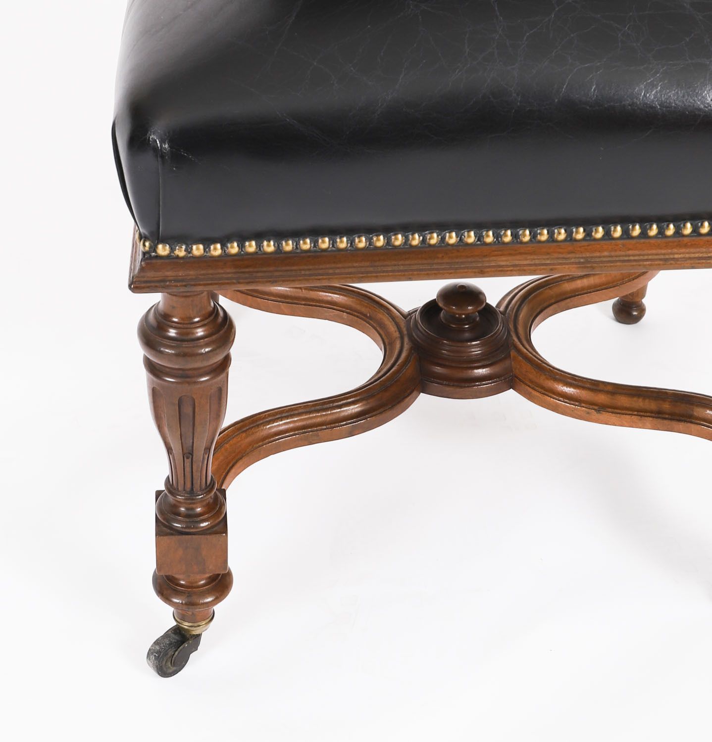 Antique Set 12 French Walnut & Black Leather Upholstered Dining Chairs 19th C photo buy