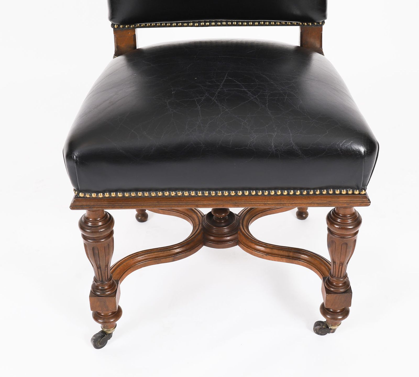Antique Set 12 French Walnut & Black Leather Upholstered Dining Chairs 19th C photo vintage