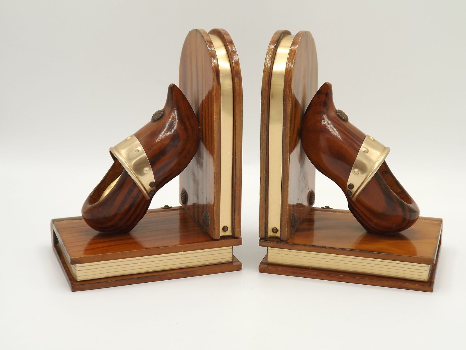 Vintage French Breton Wooden Bookends Handcarved With Book And Clog Design photo vinterior