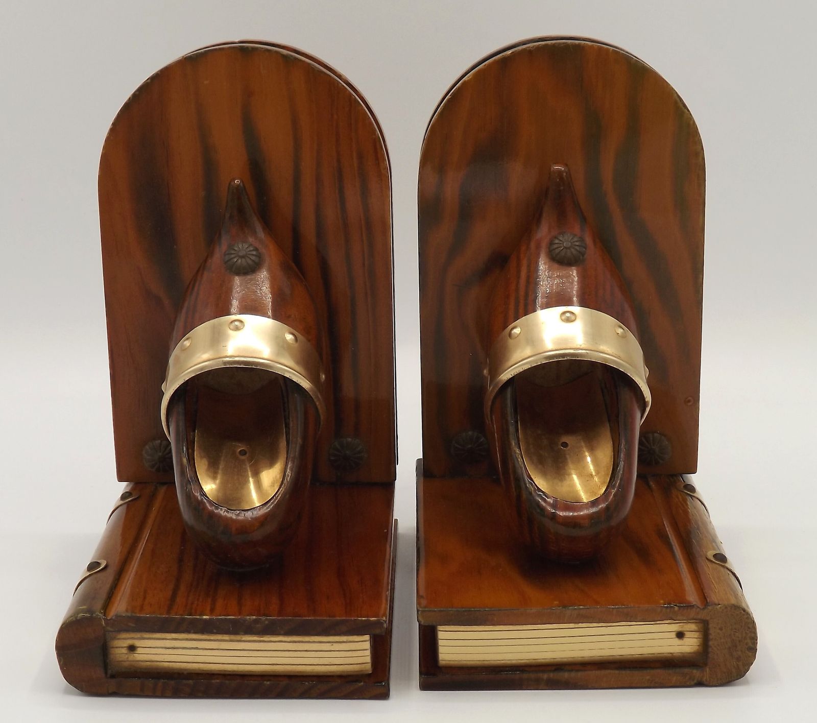 Home Decor Vintage French Breton Wooden Bookends Handcarved With Book And Clog Design photo