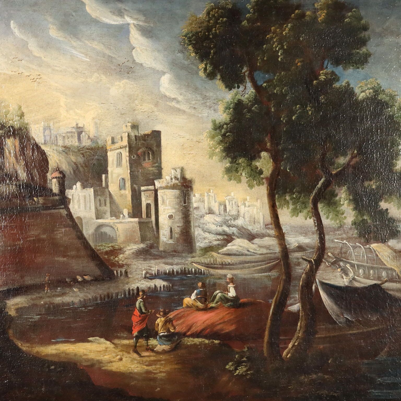 Antique Painting Landscape With Buildings Oil On Canvas XVIII Century photo for sale