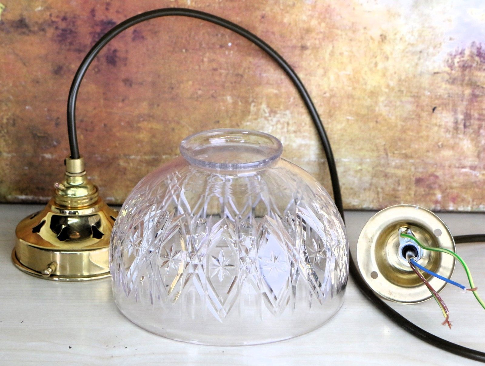Ceiling Light Antique Cut Glass Pendant Shade Glass Bowl Multi Cut Rewired photo for sale