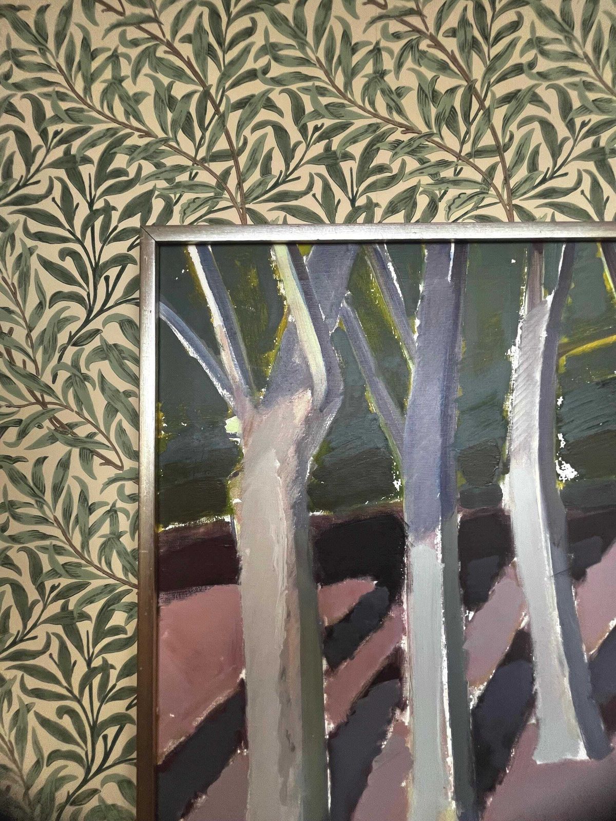 Abstract Forest Landscape Original Oil Painting Mauve And Green Mid Century Modern Wall Art Vintage Scandinavian Artwork Framed photo for sale