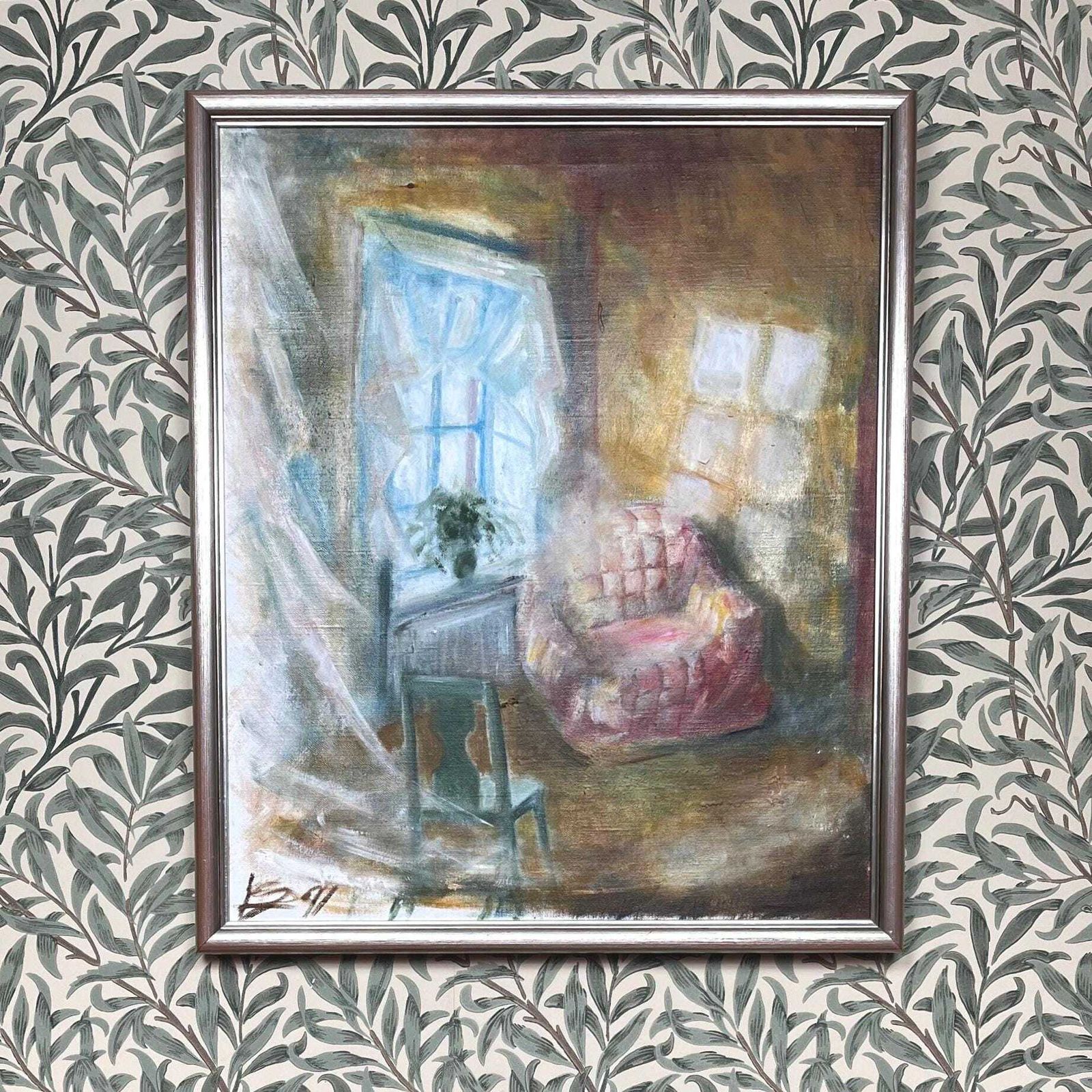 Dreamy Interior Scene,  1991, Swedish Monogram Signed, Oil Painting On Streched Canvas