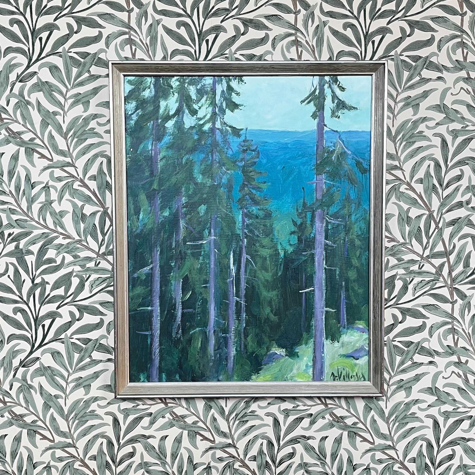 Spruce Forest With Distant Mountains – Mid 20th Century Nordic Oil Painting Signed A Villo – Scandinavian Vintage Wall Art In Silver Frame