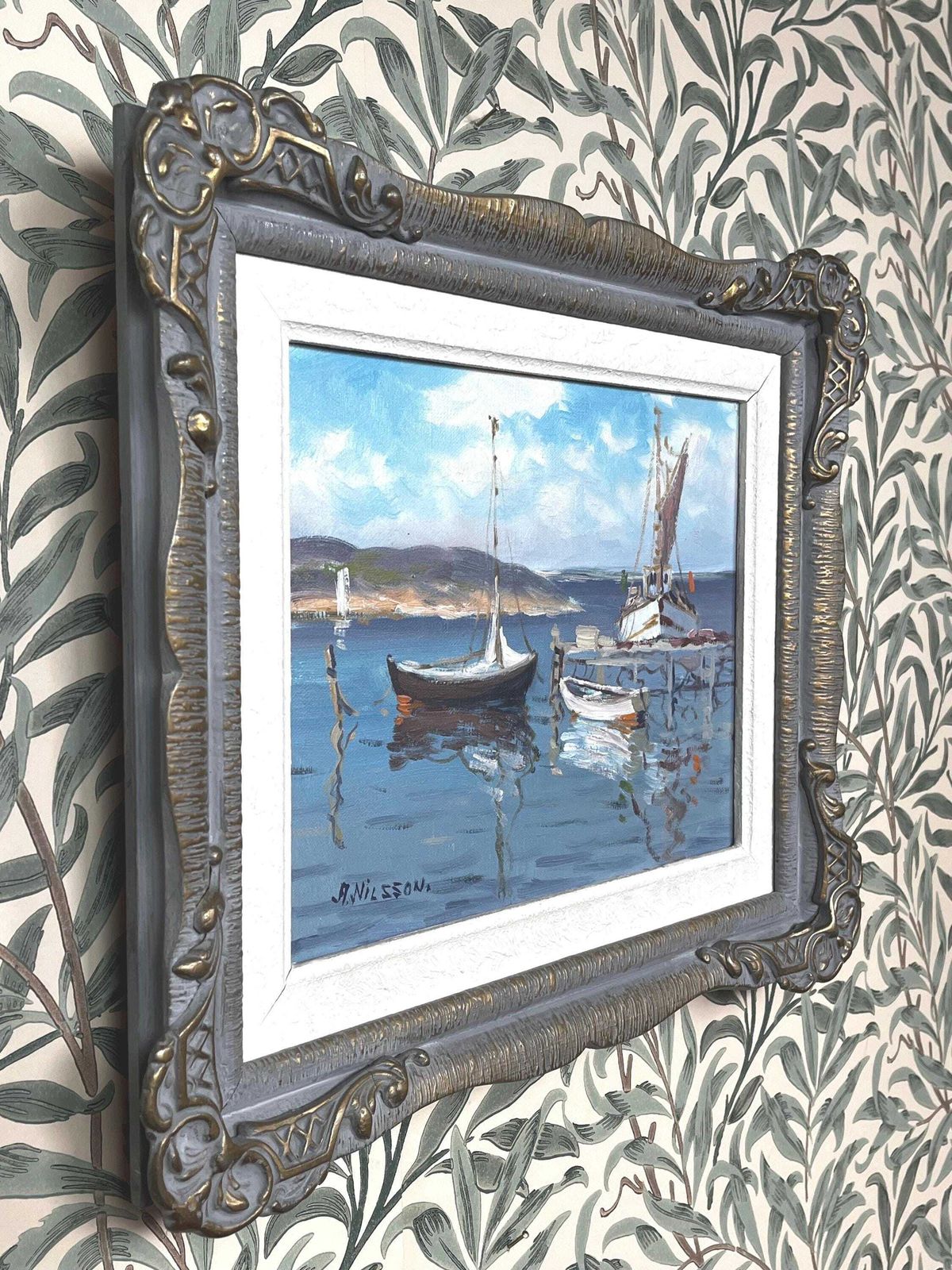 Coastal Scene With Boats 1950s Original Oil Painting By Algot Nilsson (1898 1976) Swedish Artist Vintage Scandinavian Marine Seascape Art photo for sale