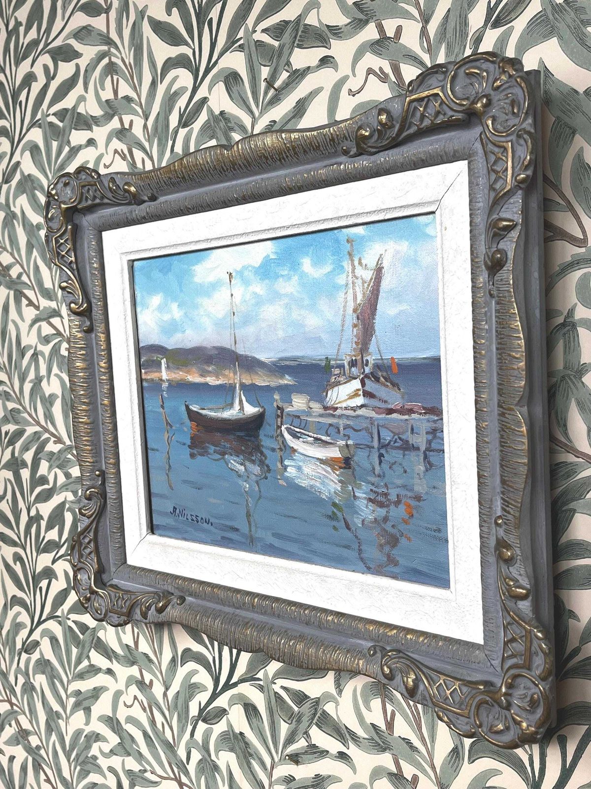 Coastal Scene With Boats 1950s Original Oil Painting By Algot Nilsson (1898 1976) Swedish Artist Vintage Scandinavian Marine Seascape Art photo Art