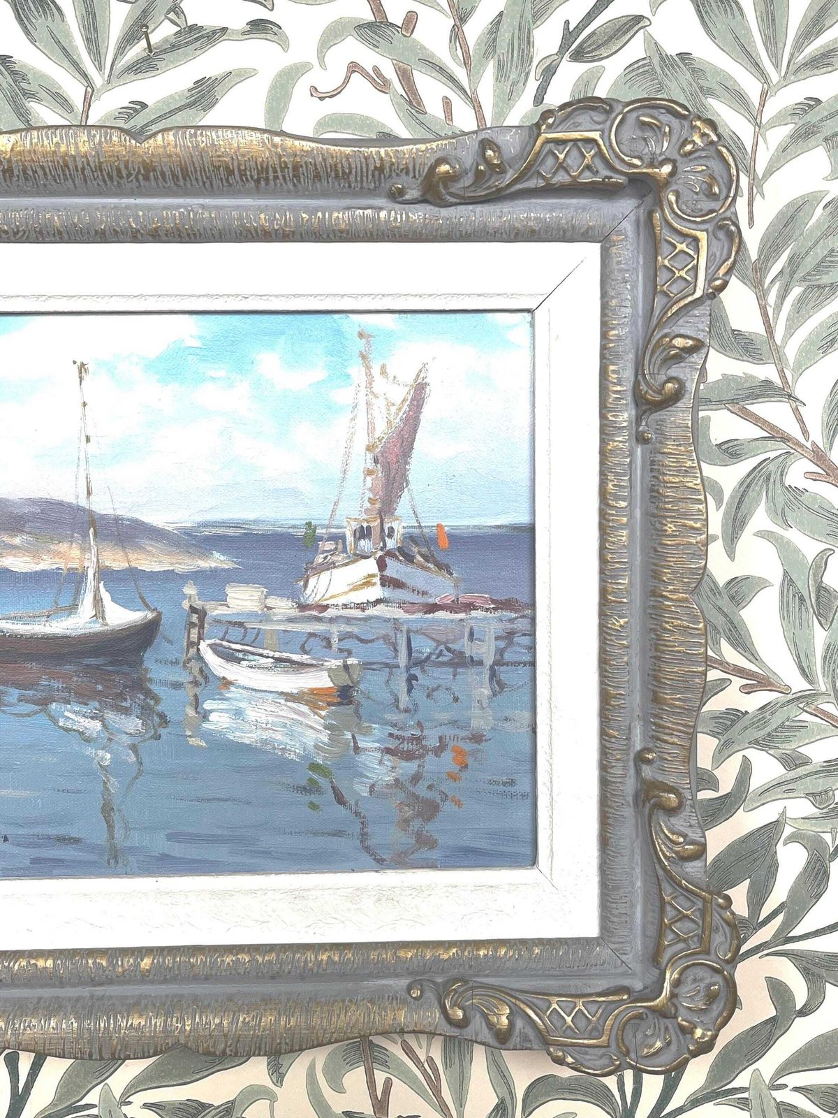 Coastal Scene With Boats 1950s Original Oil Painting By Algot Nilsson (1898 1976) Swedish Artist Vintage Scandinavian Marine Seascape Art photo vinterior