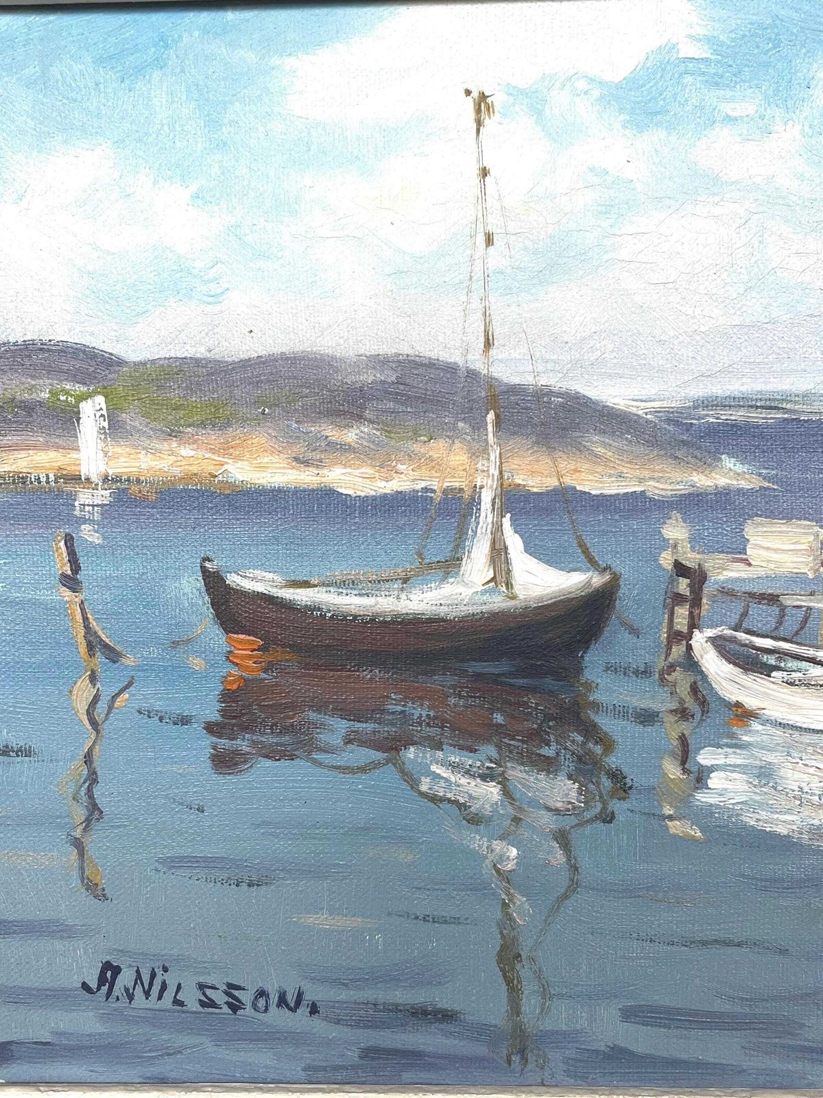 Coastal Scene With Boats 1950s Original Oil Painting By Algot Nilsson (1898 1976) Swedish Artist Vintage Scandinavian Marine Seascape Art photo vintage
