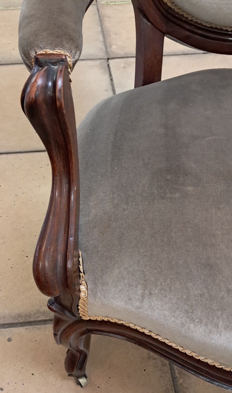 Victorian Mahogany Parlour Armchair Upholstered In Grey Velvet With Castors photo furniture