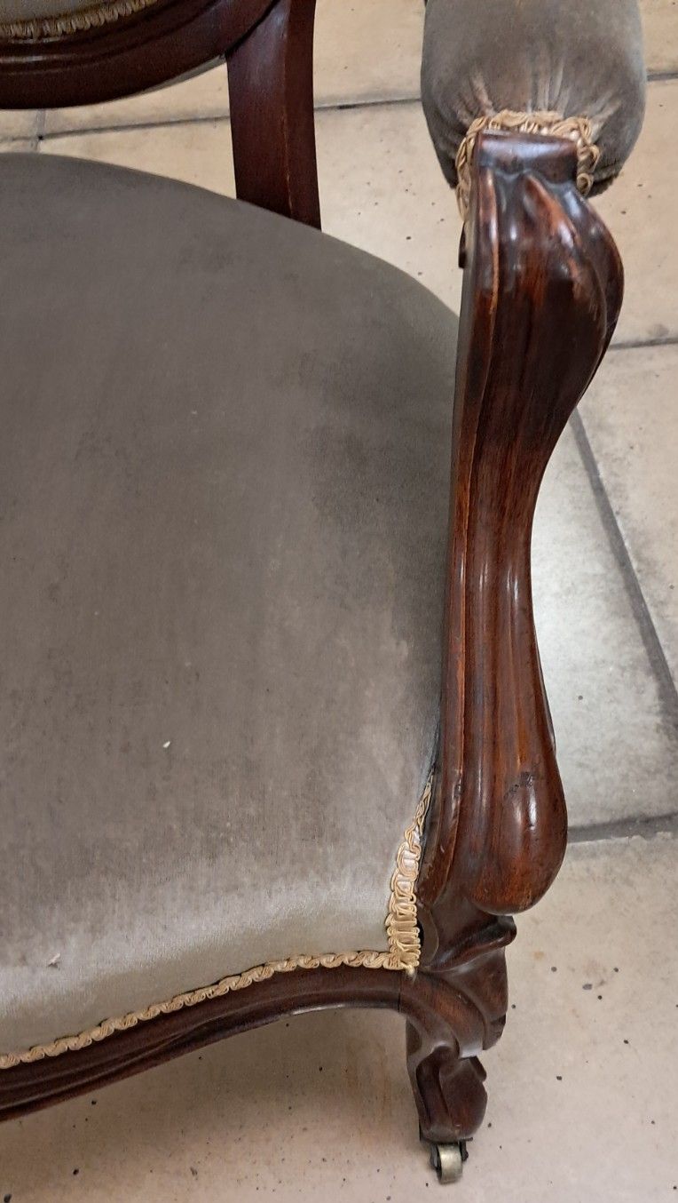 Victorian Mahogany Parlour Armchair Upholstered In Grey Velvet With Castors photo for sale