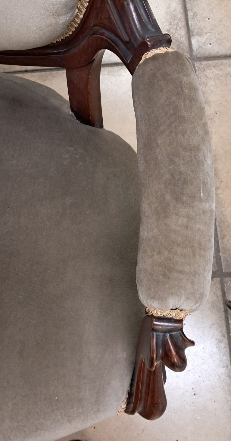 photo for sale Victorian Mahogany Parlour Armchair Upholstered In Grey Velvet With Castors