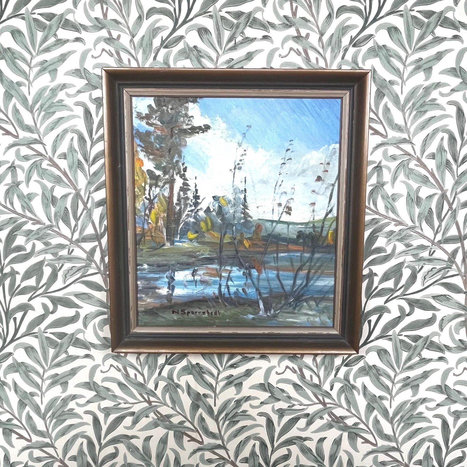 Fågeldamm 1944 By N Sporrstedt Swedish Landscape Original Oil Painting Vintage Scandinavian Wall Art