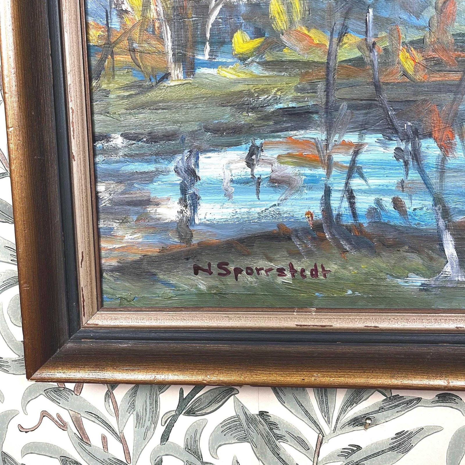 Fågeldamm 1944 By N Sporrstedt Swedish Landscape Original Oil Painting Vintage Scandinavian Wall Art photo for sale
