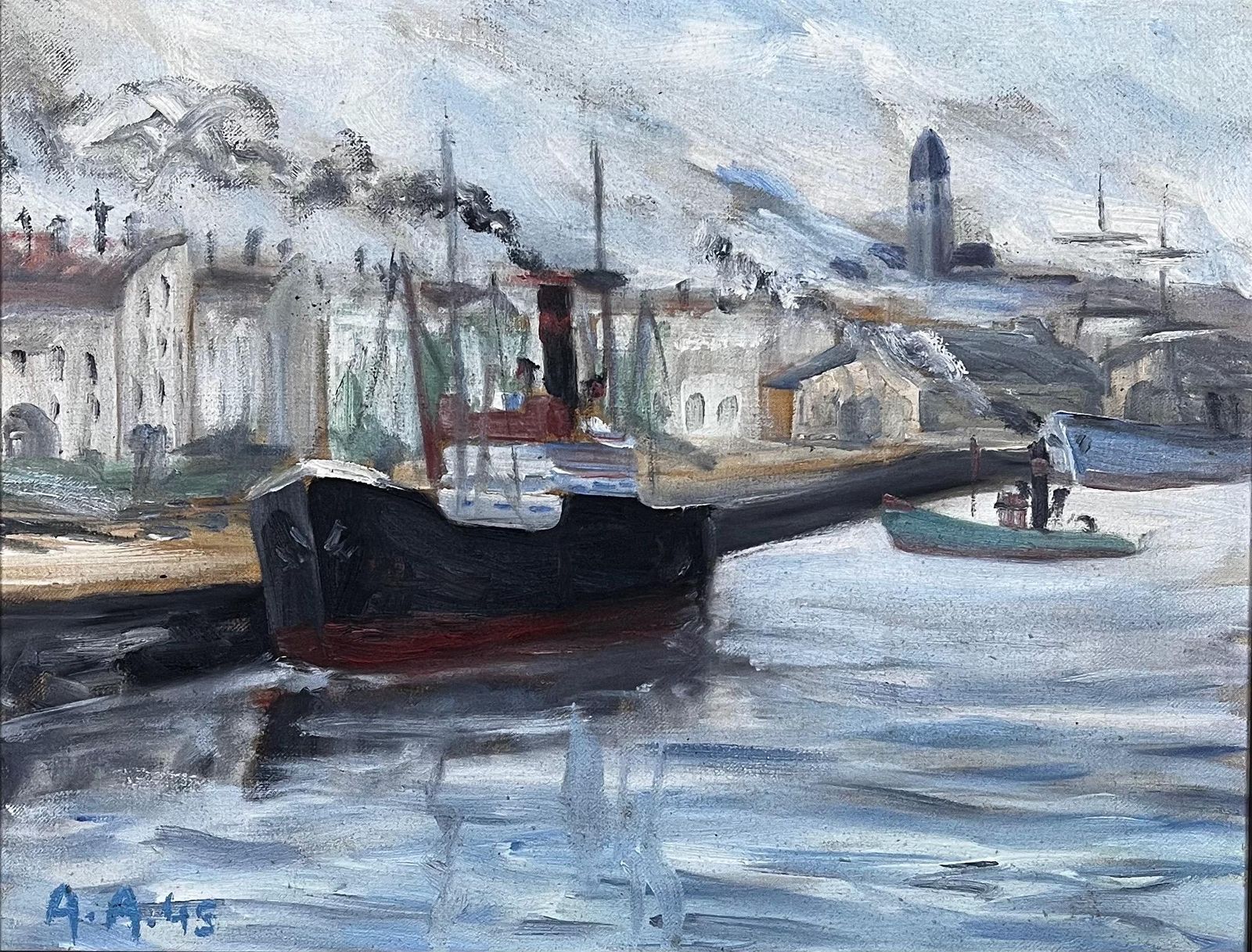 Gothenburg Harbor Scene, 1945,  Monogram Signed, Oil On Stretched Canvas photo Art