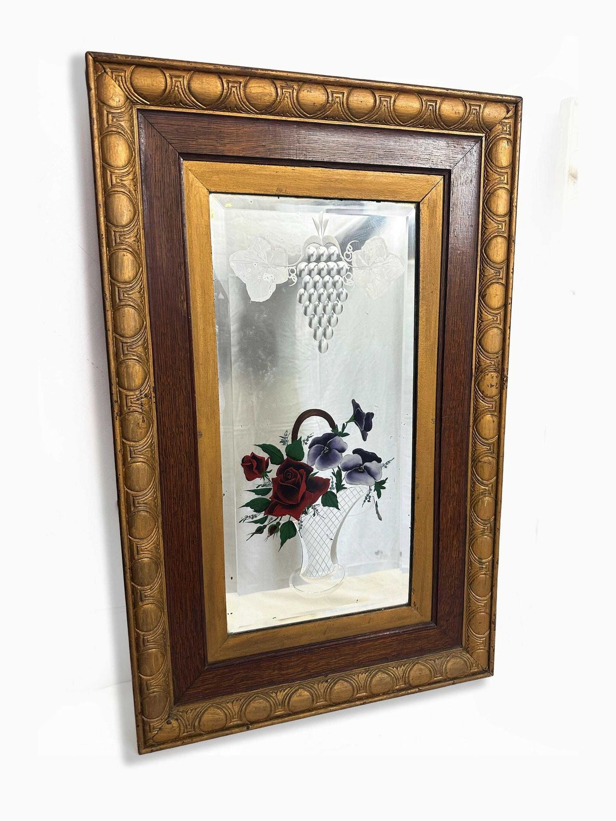 Unique Pair Of Edwardian Antique Italian Venetian Carved Reverse Painted Floral Mirrors 1901 1910 photo furniture