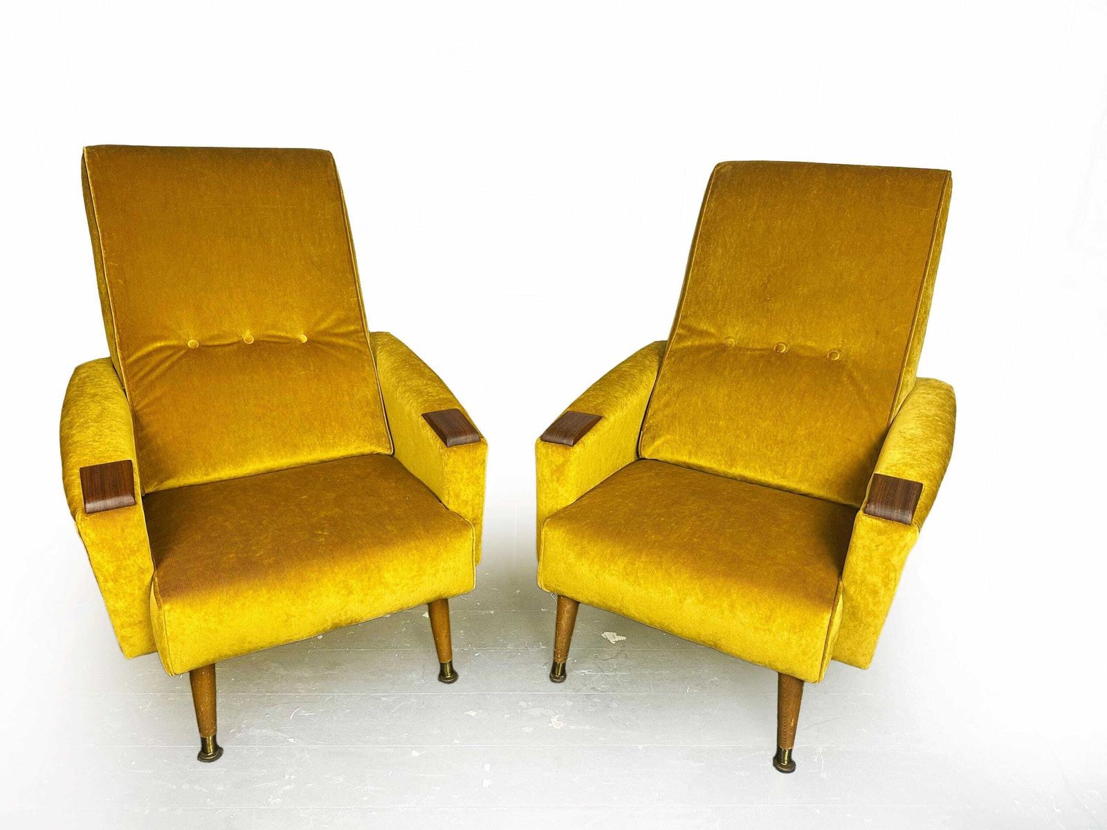 Fully Reupholstered Pair Of Mid Century 1960's Fireside Armchairs With Teak Wood Detailing photo furniture