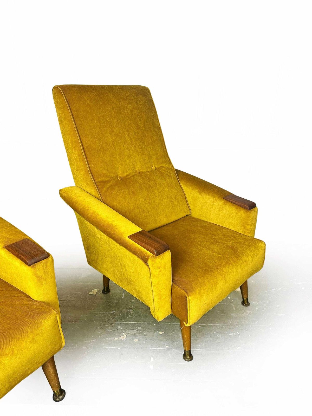 photo furniture Fully Reupholstered Pair Of Mid Century 1960's Fireside Armchairs With Teak Wood Detailing