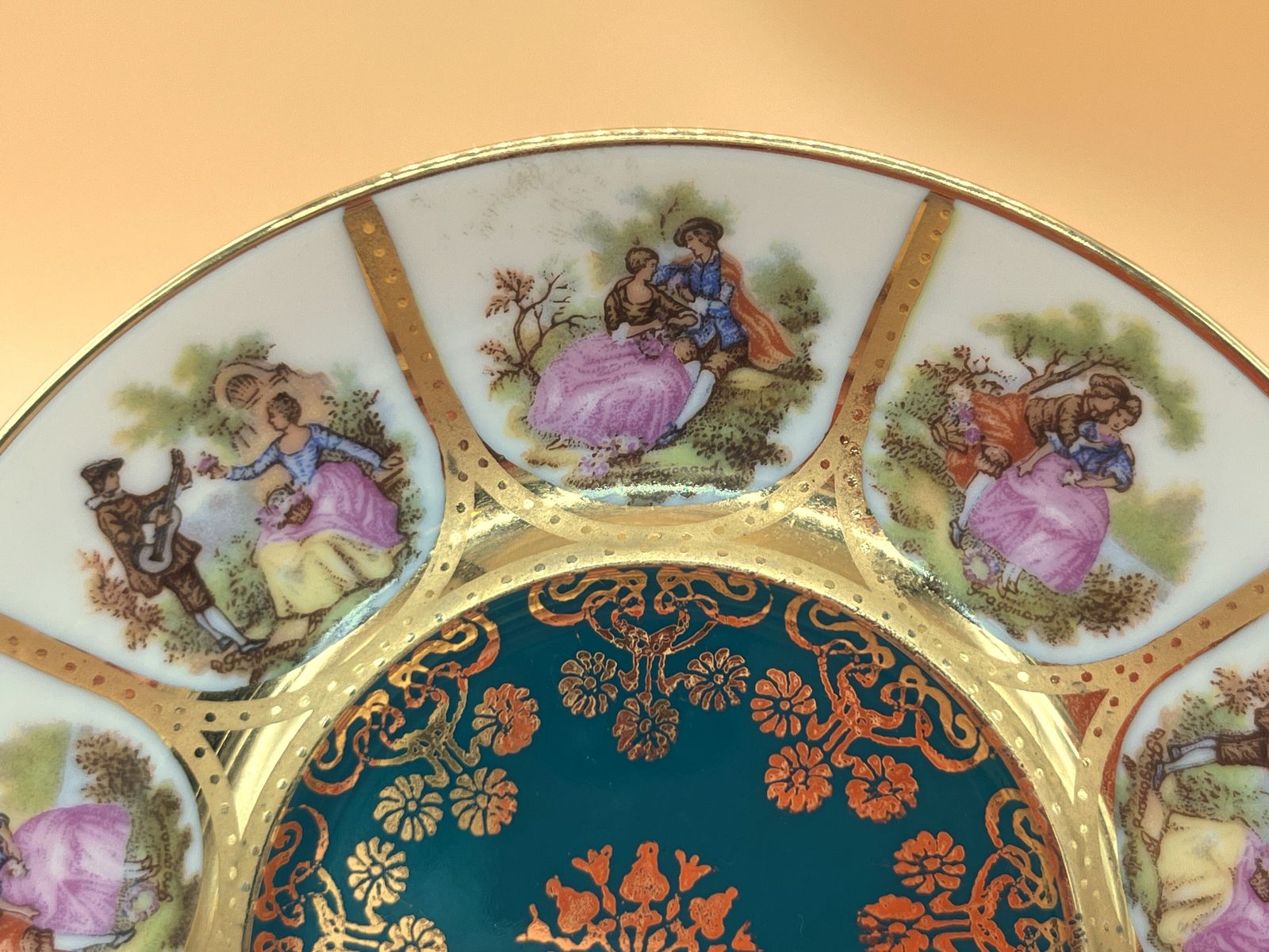 La Reine Limoges Porcelain Fragonard Courting Couple Demitasse / Chocolate Cup And Saucer Duo. photo for sale