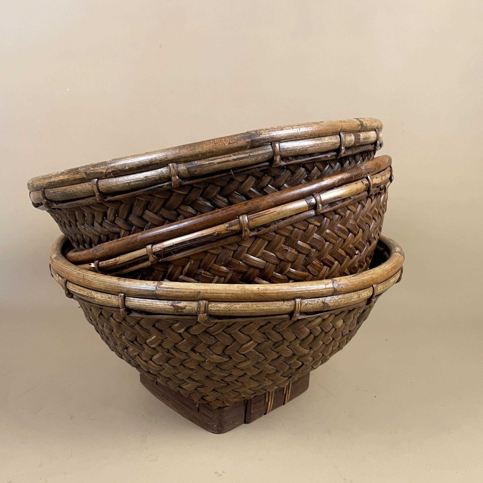 Set Of 3 Indonesian Bamboo Woven Display Bowls Basket Round Brown Bowl Table Display Decorative Brown Handmade Circular Fruit Boho photo Home Decor
