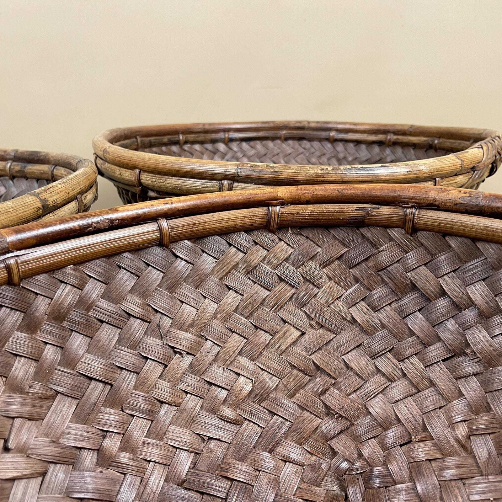 photo for sale Set Of 3 Indonesian Bamboo Woven Display Bowls Basket Round Brown Bowl Table Display Decorative Brown Handmade Circular Fruit Boho