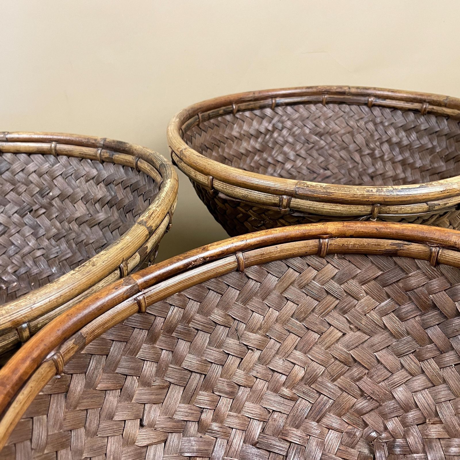 Home Decor Set Of 3 Indonesian Bamboo Woven Display Bowls Basket Round Brown Bowl Table Display Decorative Brown Handmade Circular Fruit Boho photo