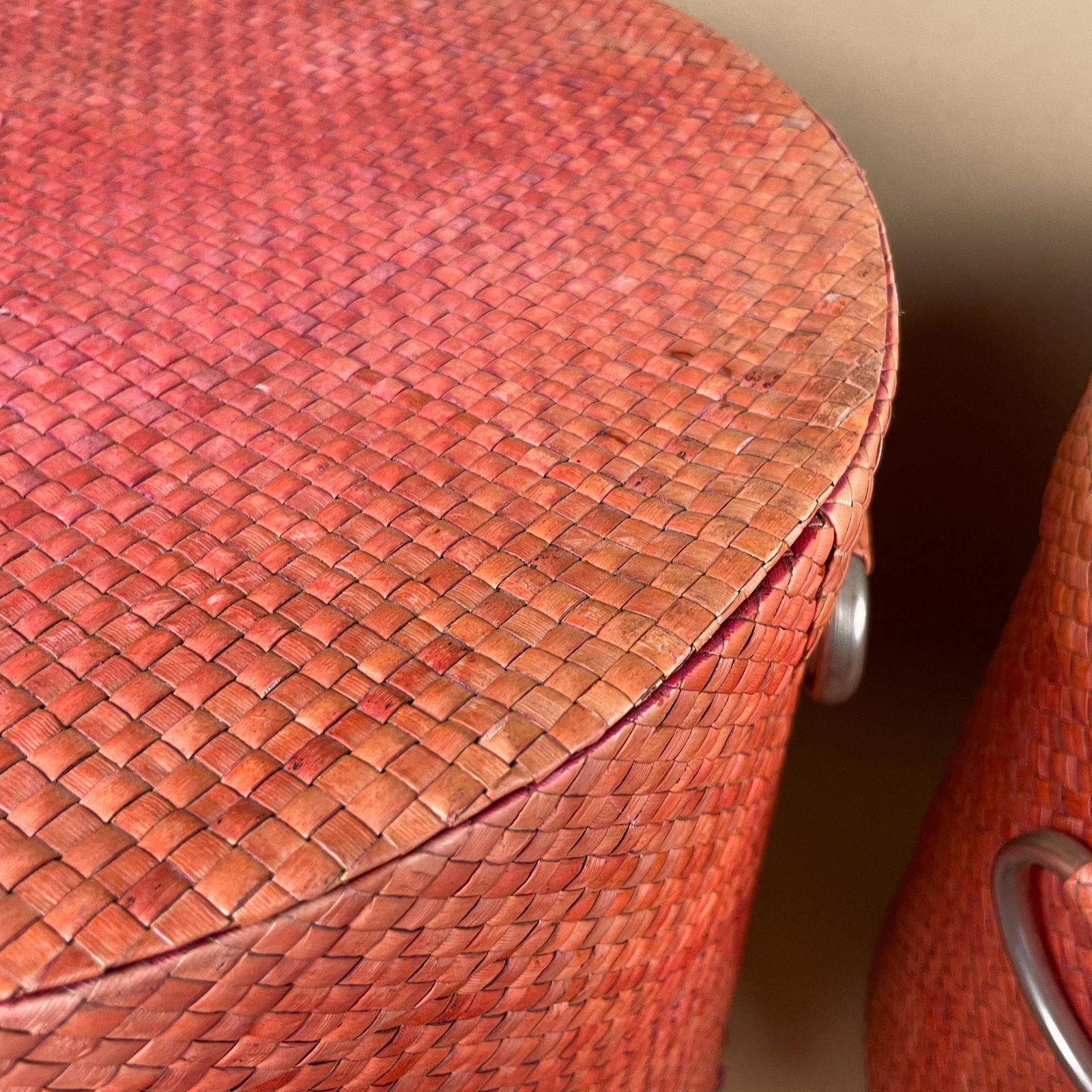 Set Of 3 Pink Vintage Round Baskets Woven Wicker Cylinder Storage Farmhouse Cottage Decor Laundry Cane Wood Lidded Lid Silver Handles Toys photo vintage