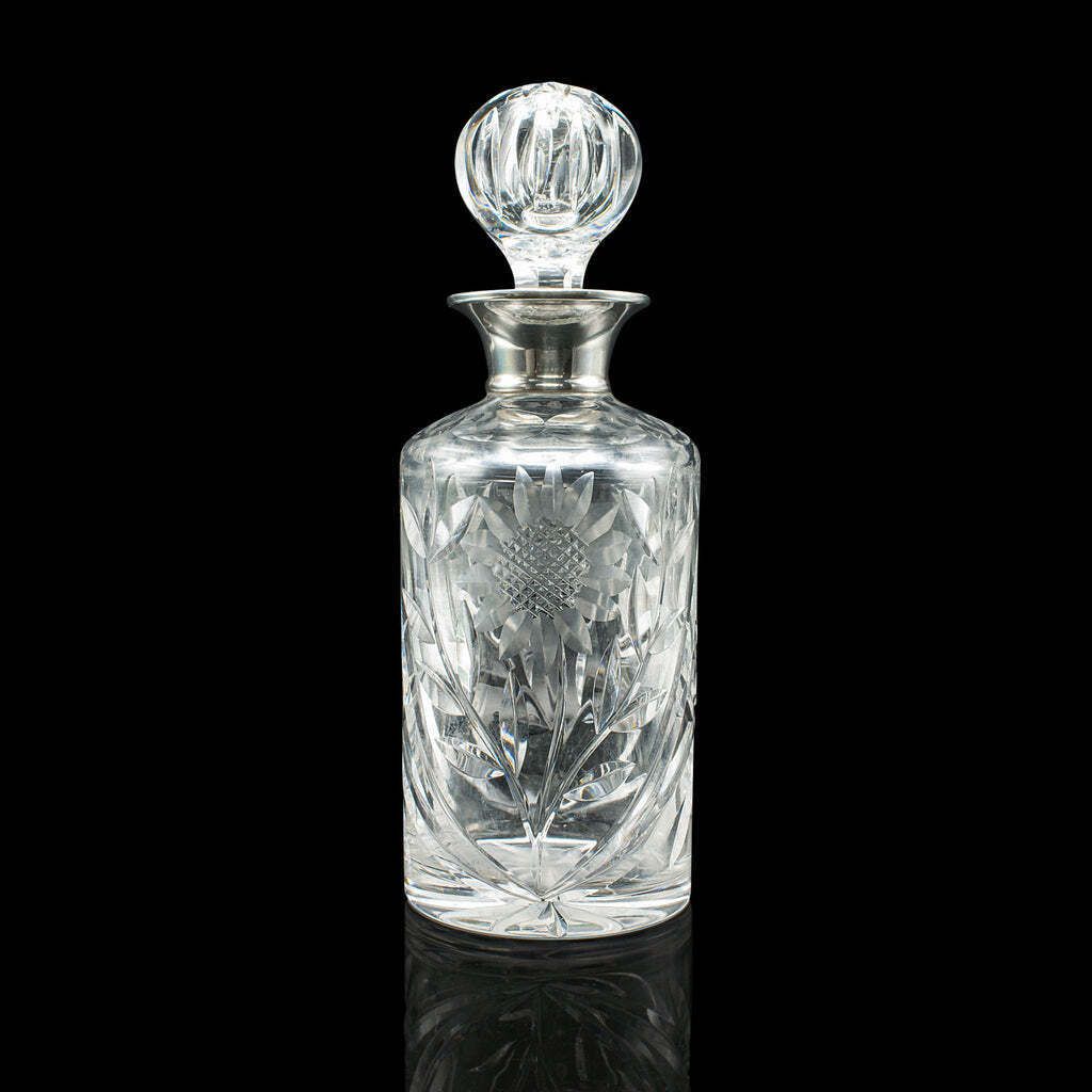 Vintage Scotch Decanter, English, Cut Glass, Silver, Whiskey, Hallmarked, 1965 photo for sale