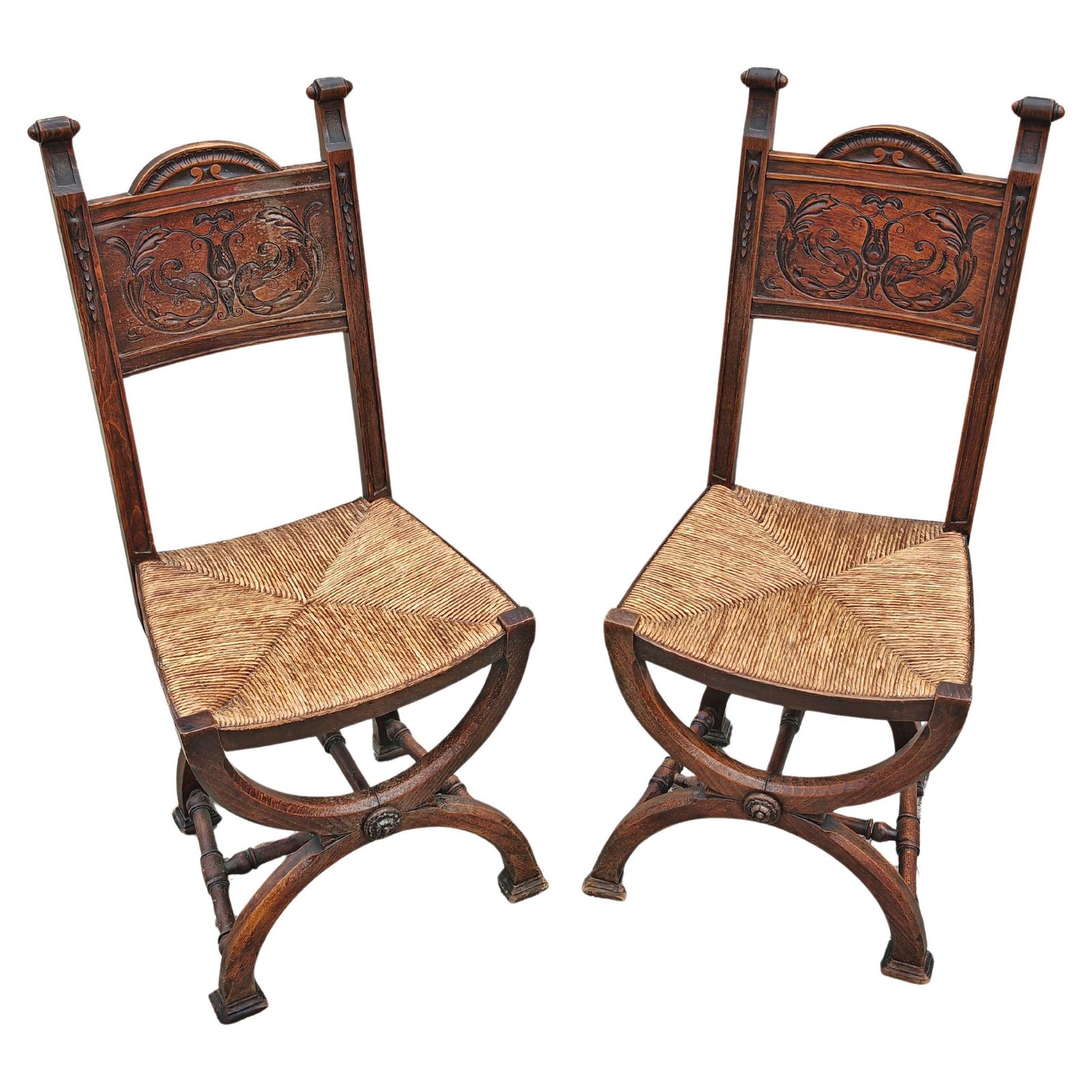 Pair Of Neo Renaissance Side Chairs In Oak With Rush Seats, France 1910s
