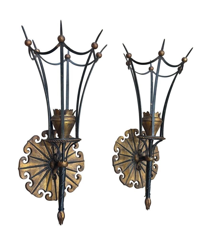 A Large Pair Of Italian 1940s Torchiere Gilt And Black Metal Wall Sconces
