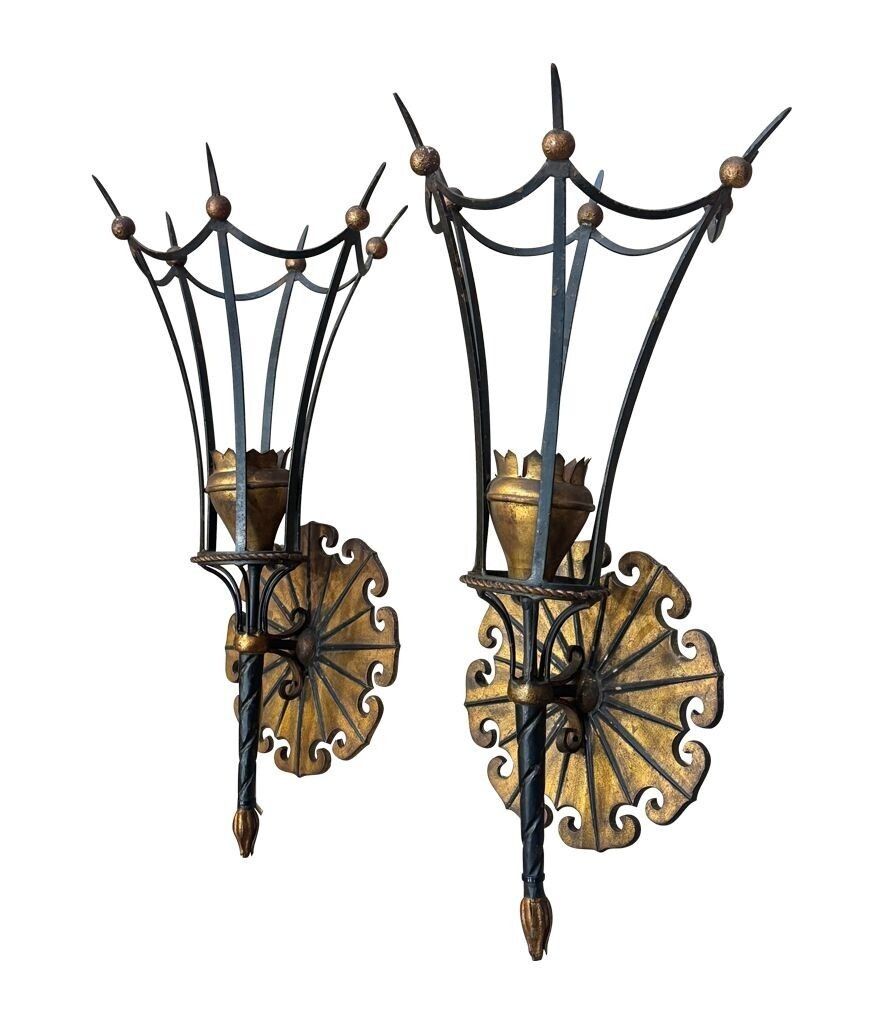 A Large Pair Of Italian 1940s Torchiere Gilt And Black Metal Wall Sconces photo Lighting