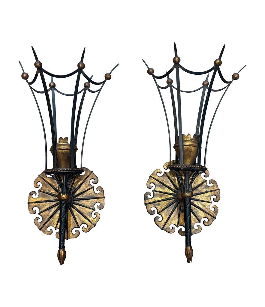 A Large Pair Of Italian 1940s Torchiere Gilt And Black Metal Wall Sconces photo 1575.0