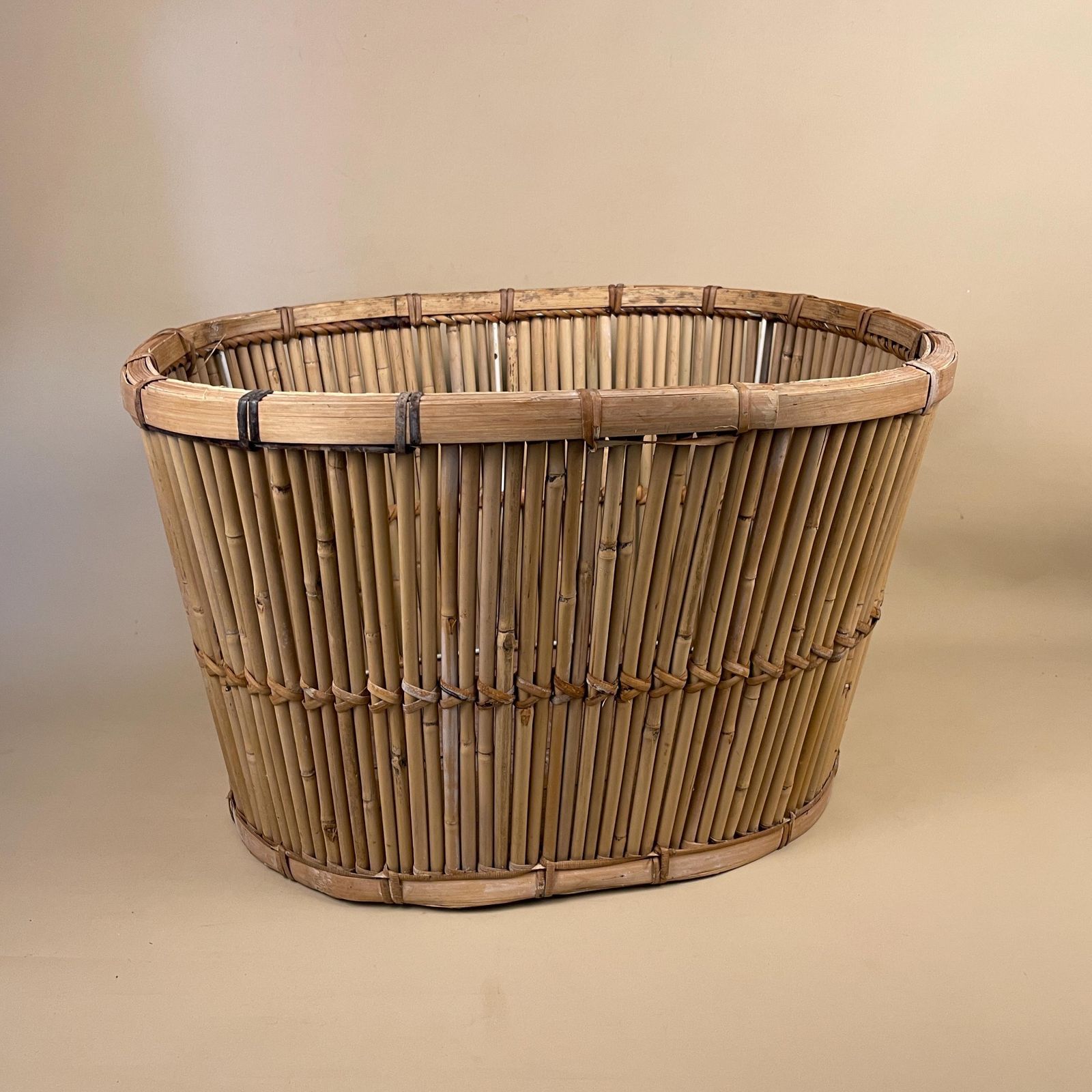 Vintage Bamboo Oval Basket Plant Pot Planter Woven Wicker Brown Antique Storage Farmhouse Cottage Decor Display Handmade Toy Logs photo for sale