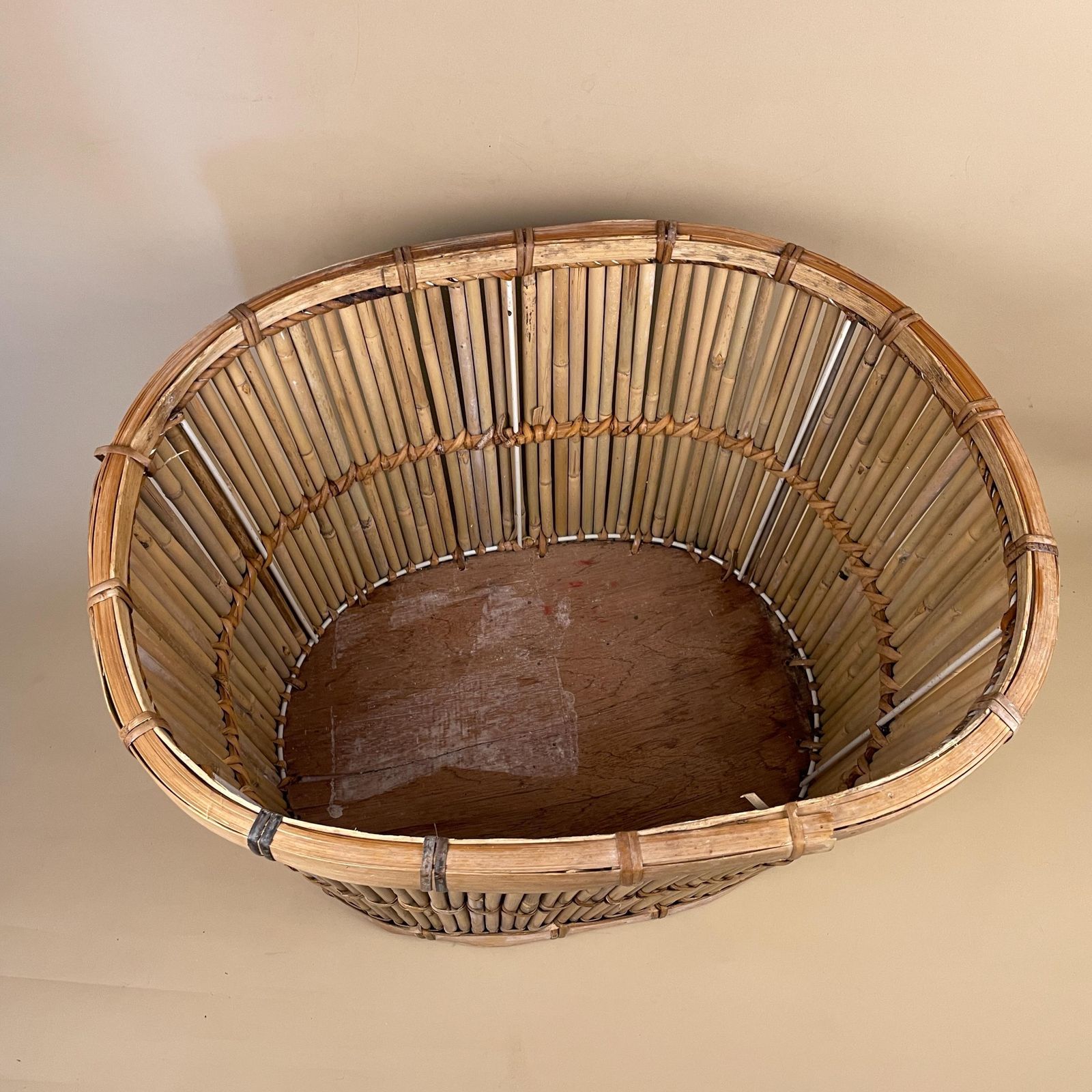 Vintage Bamboo Oval Basket Plant Pot Planter Woven Wicker Brown Antique Storage Farmhouse Cottage Decor Display Handmade Toy Logs photo Home Decor