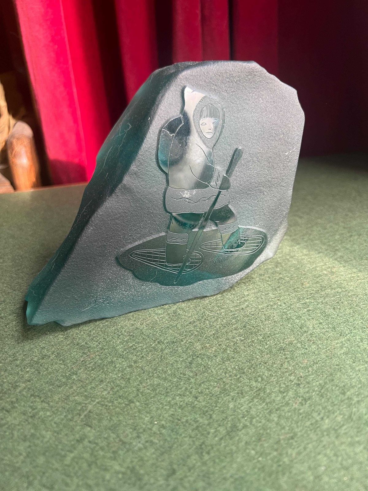 Siku Signed Native Inuit Frosted Etched Art Glass Sculpture Paperweight. Blue Sea Glass Canadian Folk Art. photo furniture