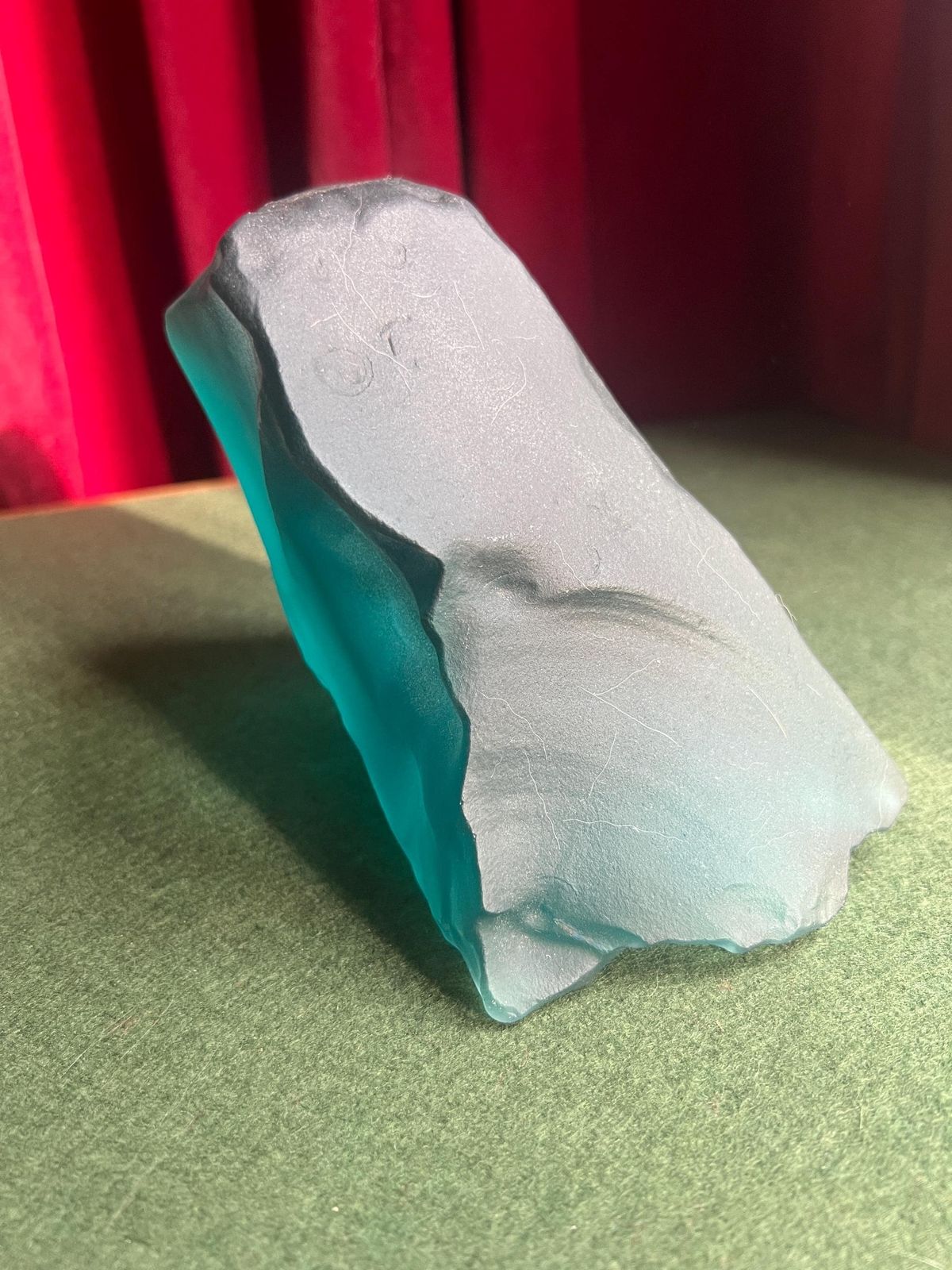 Siku Signed Native Inuit Frosted Etched Art Glass Sculpture Paperweight. Blue Sea Glass Canadian Folk Art. photo for sale