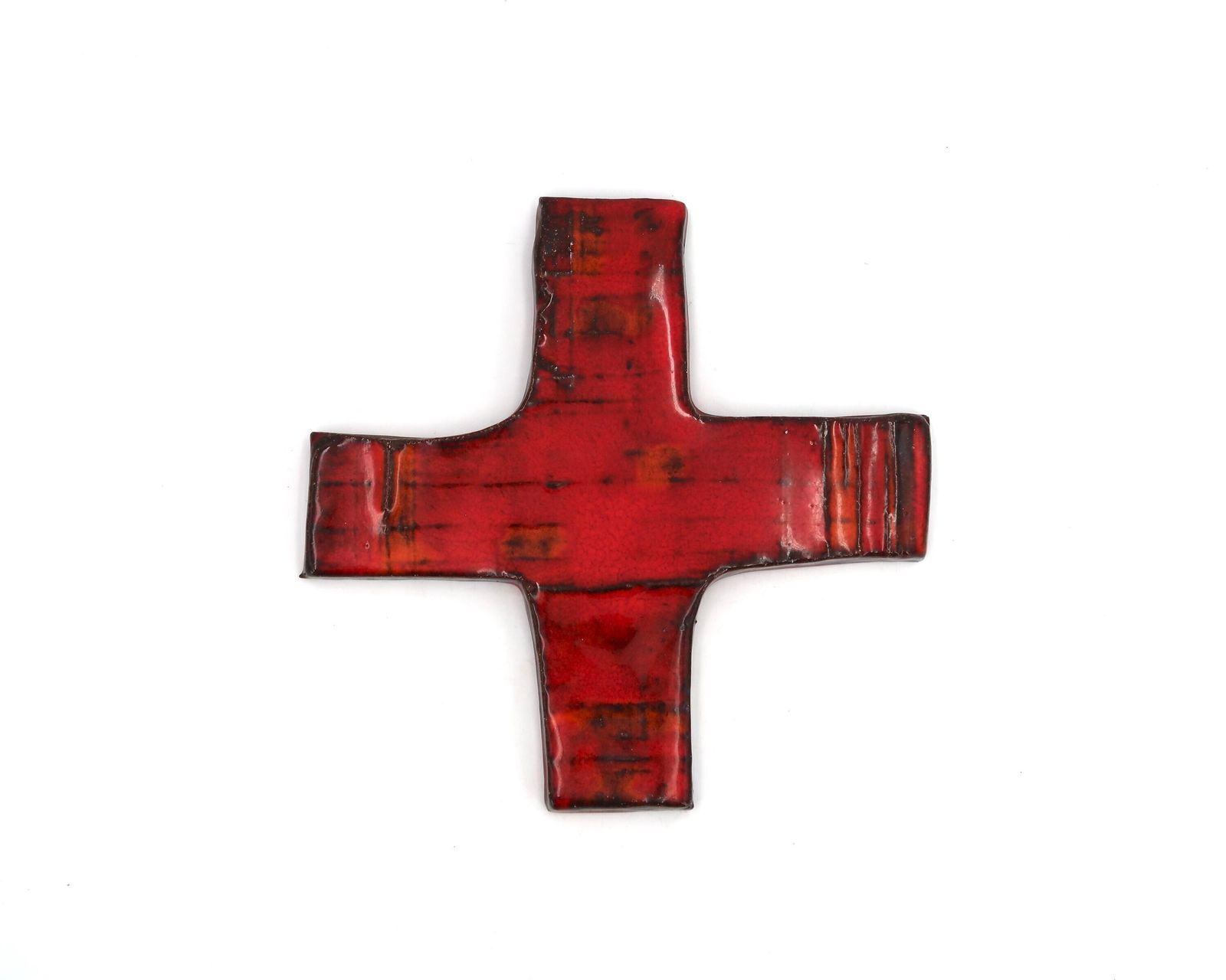 Mid Century Modern Wall Ceramic Cross, 1950s / Crucifix, Religious, Red, Orange, Vintage